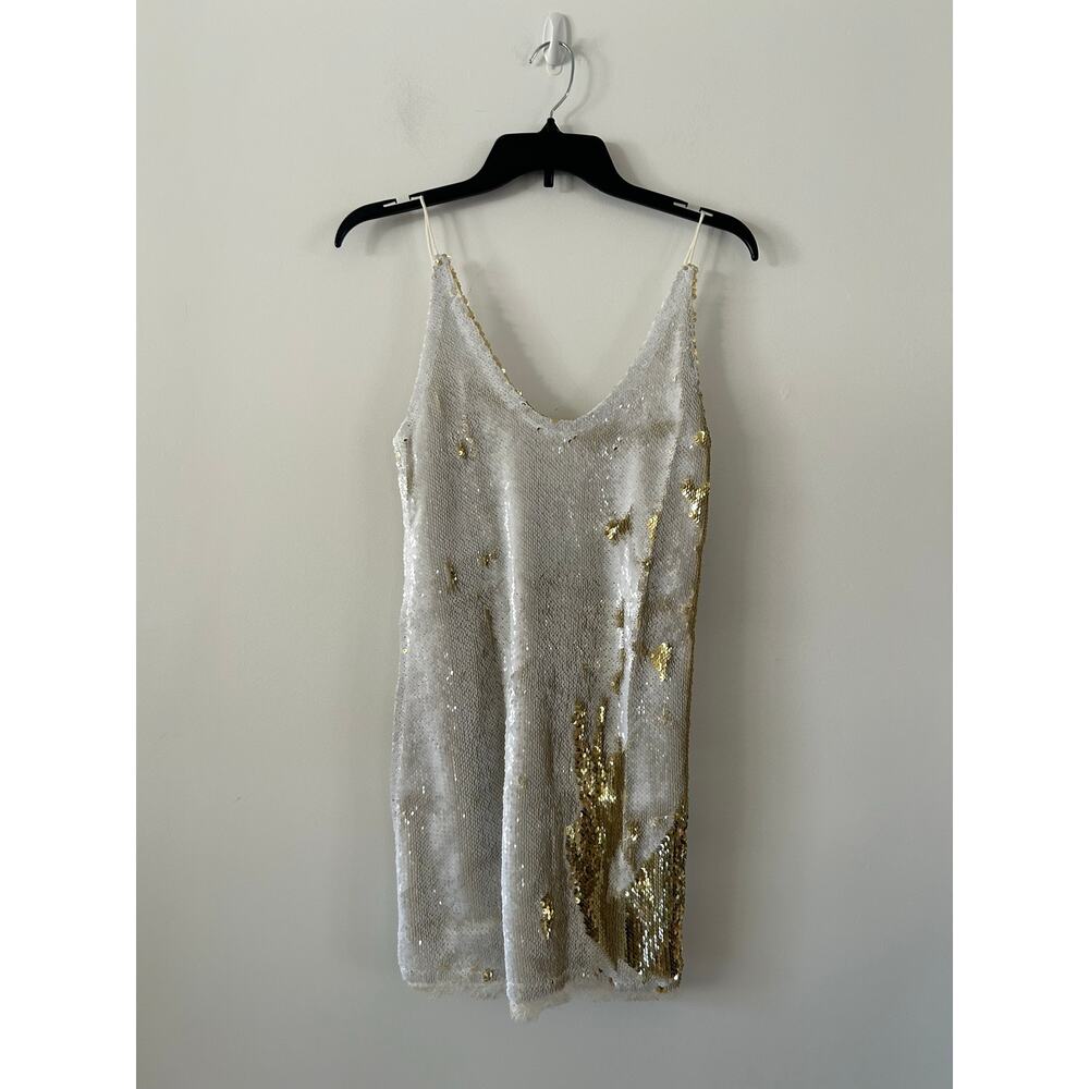 Free People Seeing Double Reverse Sequin Slip Mini Dress XS Gold White